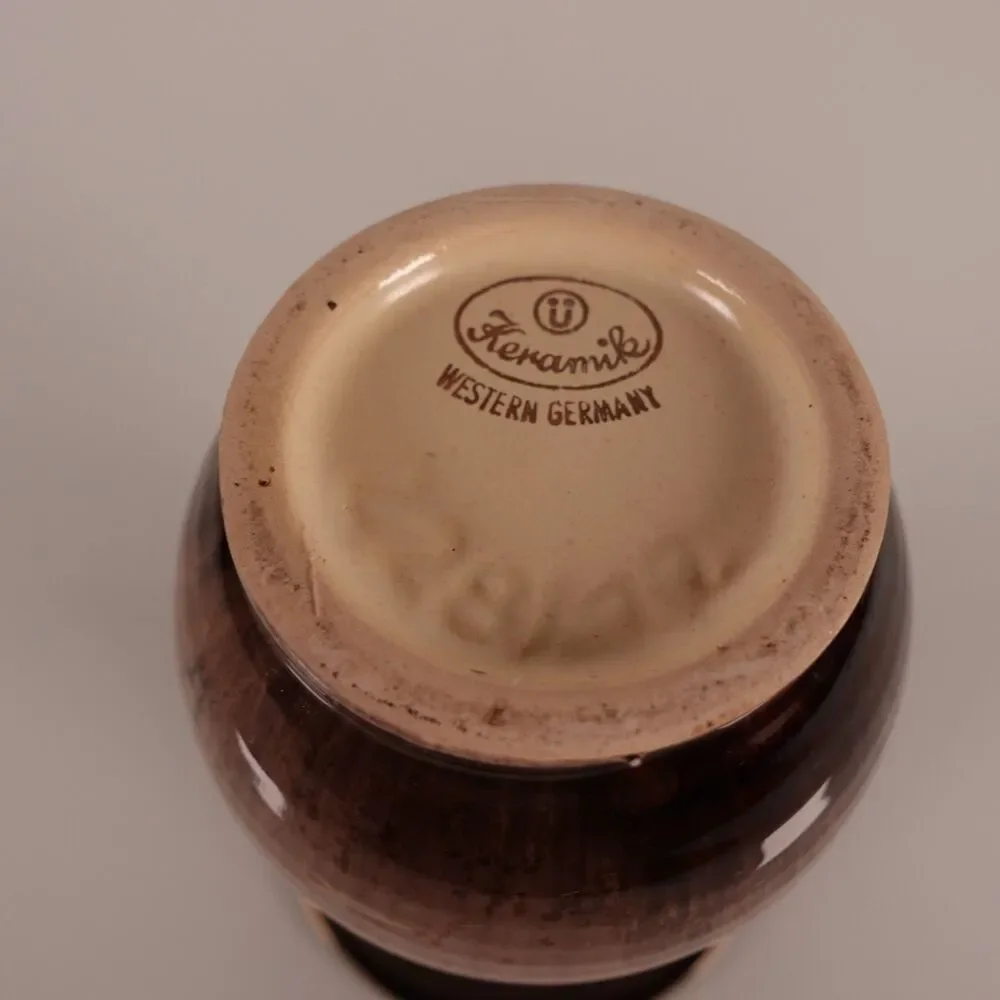 Vintage Keramik Western Germany Drip Glaze Trumpet Neck Vase Brown Gold Rim 5